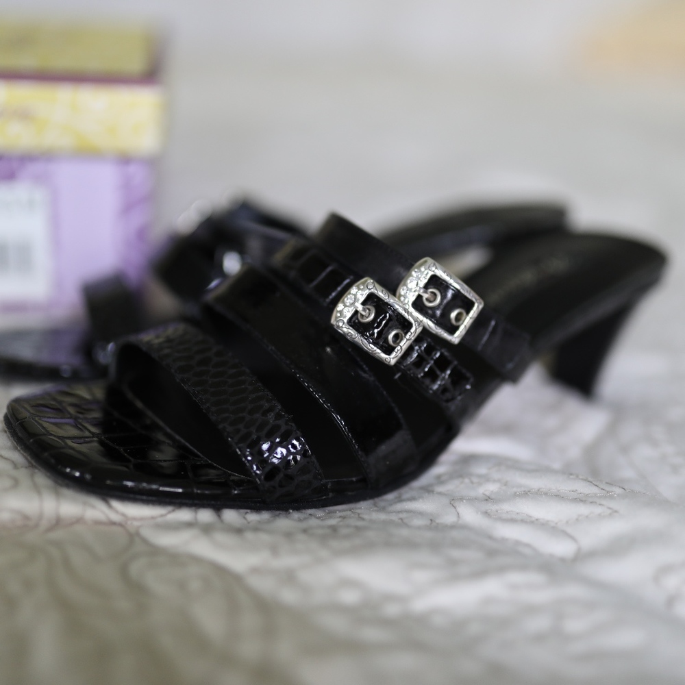 Brighton Tina Blk Snake/Croc Lthr Sandal 9.5 M